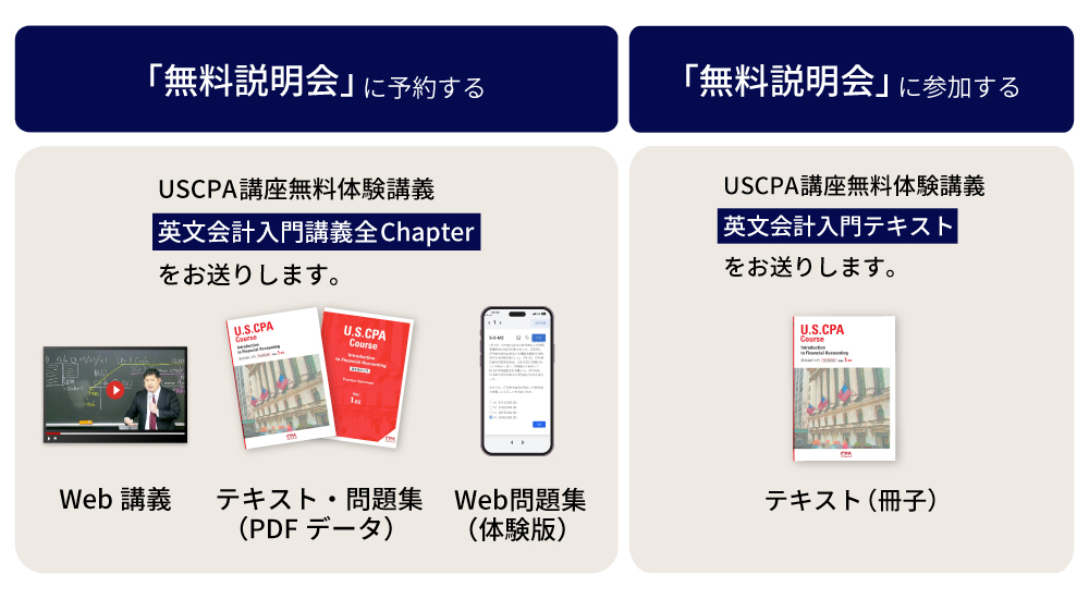 USCPA講座 資料請求内容　パンフレット　英文会計入門講義動画　英文会計入門テキスト＆問題集（PDF）