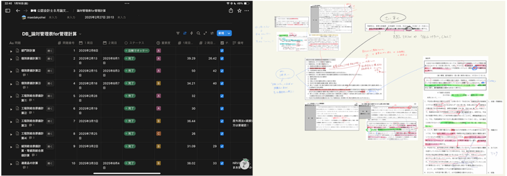 Notionの問題管理画面と複数のページを1枚に集約した画面