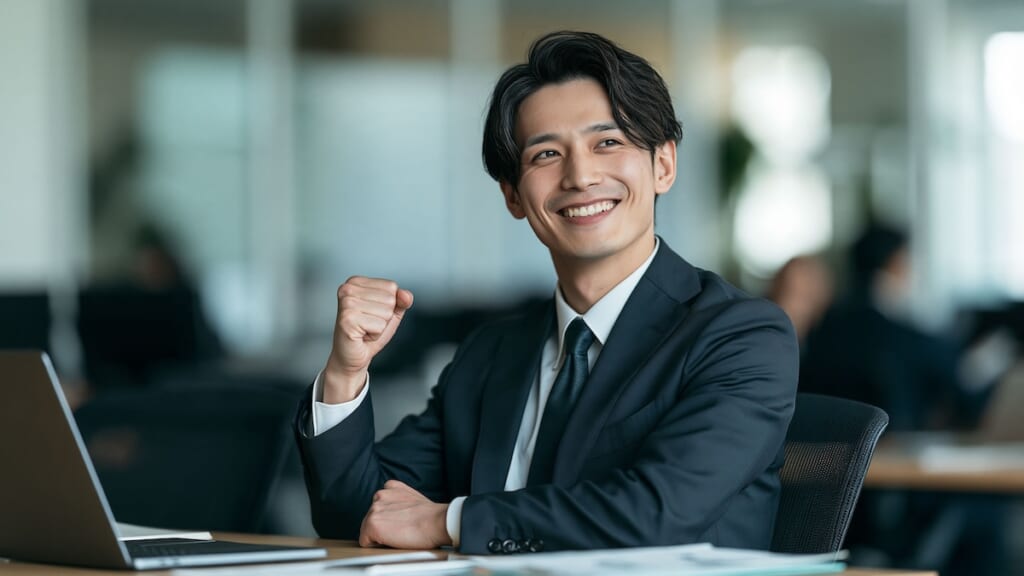 ガッツポーズを取る若手の会社員